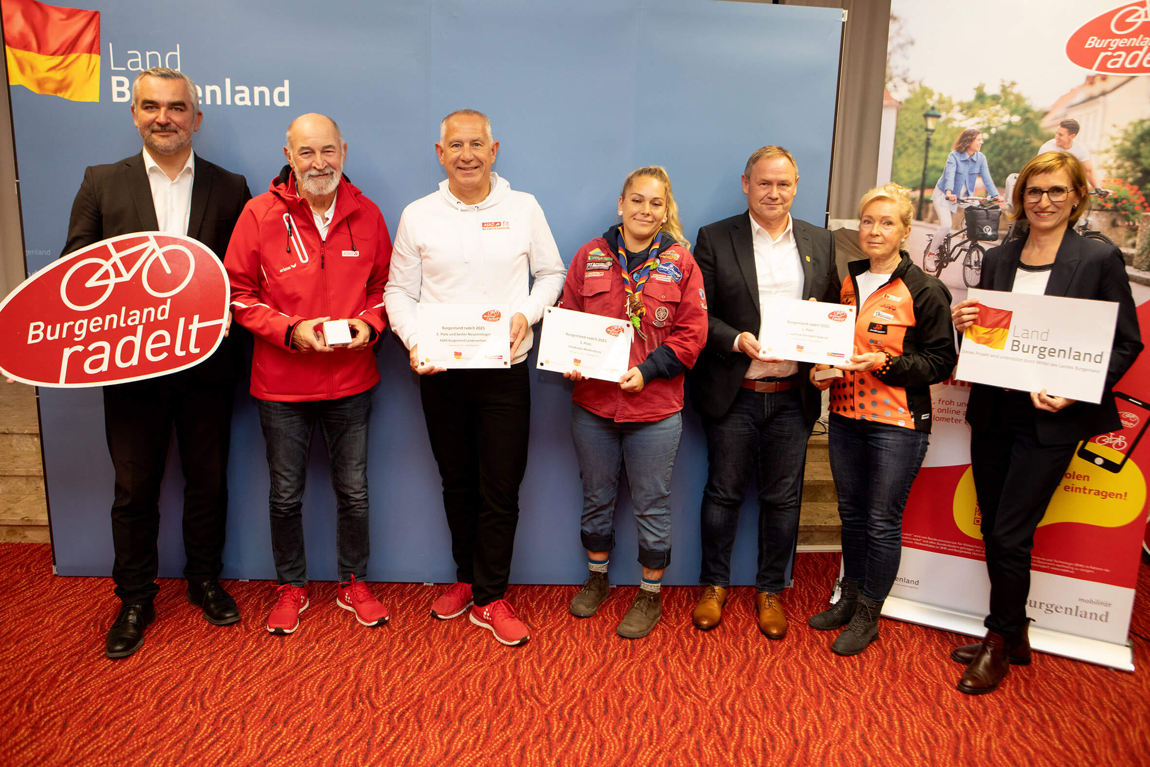 Gruppensieger von Burgenland radelt halten Zertifikate, ergänzt durch Unterstützer des Events in Burgenland.