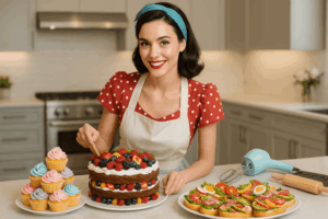 Frau in Retro-Kleidung dekoriert Beerenkuchen in moderner Küche, umgeben von Cupcakes und belegten Broten.