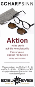 Brillenangebot von Edelweyes: 1 gratis Glas bei Komplettbrille, mit stilvollen Fassungen. Gültig bis 23.12.2025.