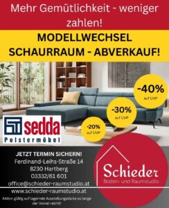Werbeposter für Schieder Raumstudio: Modellwechsel-Abverkauf mit Rabatten auf Sedda Polstermöbel im Schauraum in Hartberg.