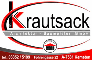 Logo der Krautsack Architektur-Baumeister GmbH in Kemeten mit Kontaktdetails und Design in Rot-Schwarz.