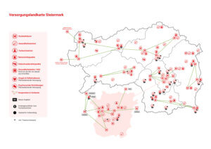 Versorgungslandkarte der Steiermark zeigt Krankenhäuser und Gesundheitszentren, vernetzt zur Verbesserung der regionalen Versorgung.