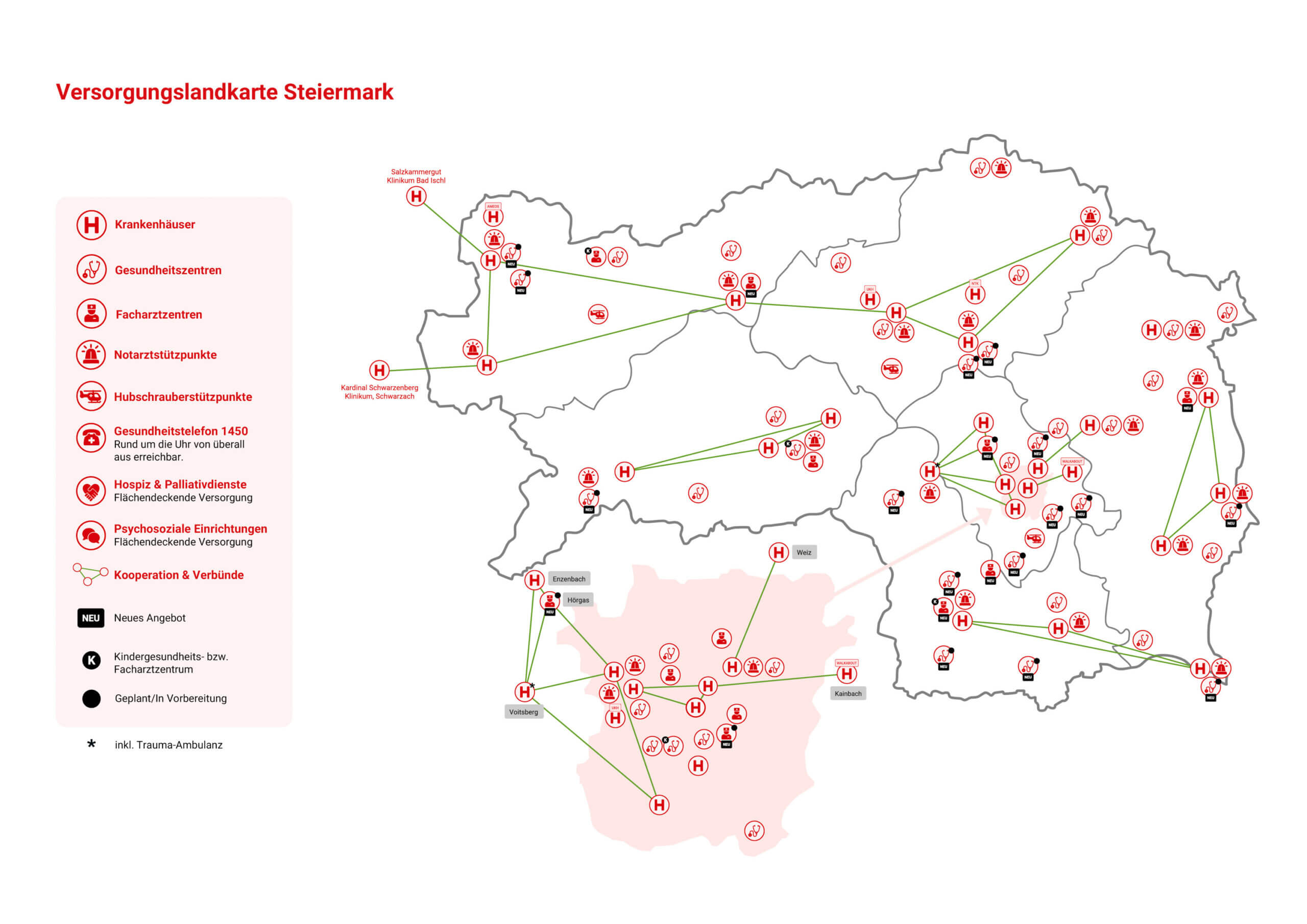 Versorgungslandkarte der Steiermark zeigt Krankenhäuser und Gesundheitszentren, vernetzt zur Verbesserung der regionalen Versorgung.