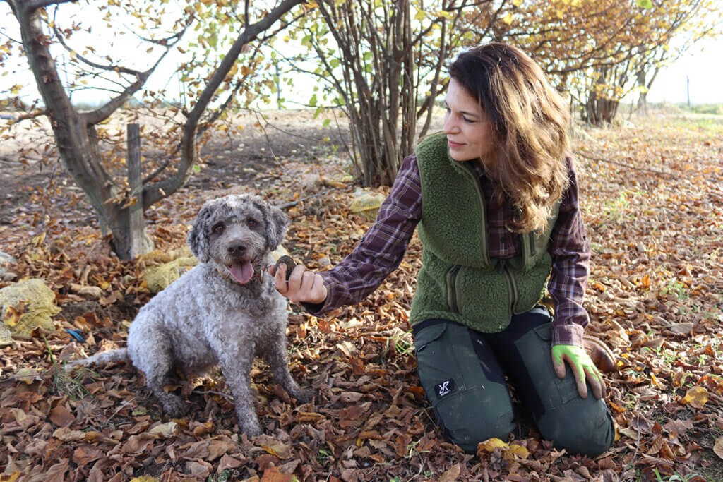 Frau in herbstlicher Landschaft mit Hund, beim Trüffelsuchen. Symbol für Outdoor-Aktivität im regionalen Kontext.
