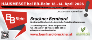 Ankündigung der Hausmesse von Bruckner Bernhard, Großhandel, vom 12. bis 14. April 2026 in Riedlingsdorf.