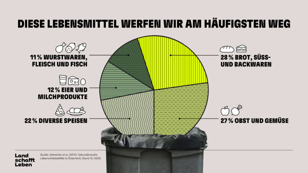 Foto2©Land schafft Leben Infografik zeigt Lebensmittelabfälle: Brot, Obst, Fleisch, Eierspeisen in einer Tonne. Thema: Lebensmittelverschwendung.