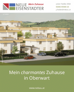 Moderne Wohnanlage in Oberwart mit grüner Landschaft im Hintergrund, beworben durch Neue Eisenstädter für zukünftige Bewohner.