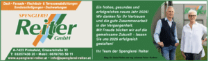 Spenglerei Reiter wünscht ein erfolgreiches 2026, mit Dank für vergangenes Vertrauen, dargestellt durch zwei lächelnde Personen.