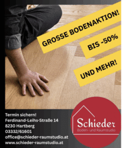 Person begutachtet Holzparkett, begleitet von Text über Bodenaktion mit Rabatten. Schieder Raumstudio-Logo und Kontaktdetails.