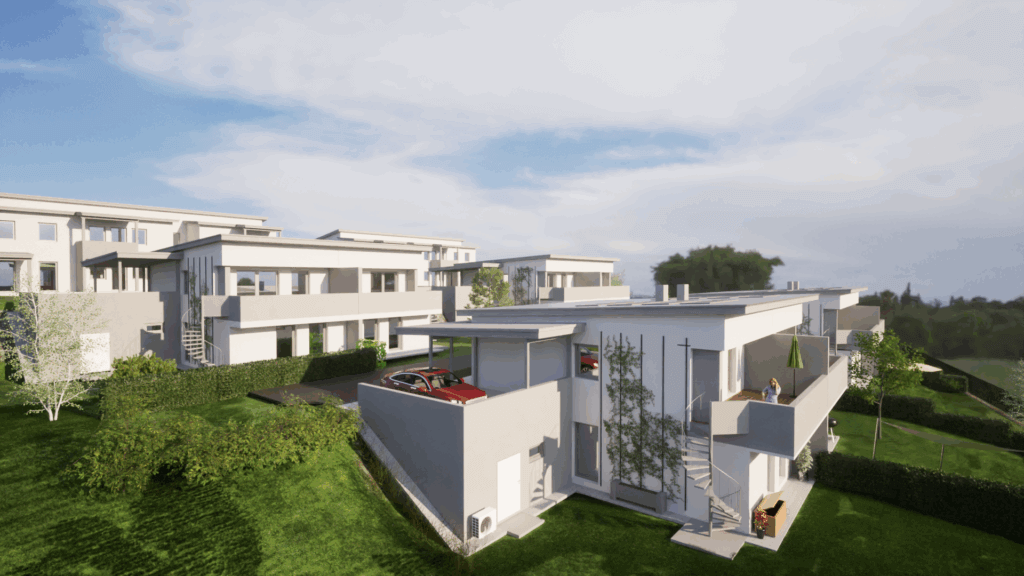 Moderne Wohnsiedlung mit hellen, mehrstöckigen Häusern und grüner Umgebung, unter blauem Himmel für Prima Magazin.