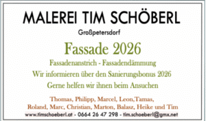 Malerei Tim Schöberl in Großpetersdorf bietet Fassadenanstrich und Dämmung mit Infos zum Sanierungsbonus 2026, inkl. Kontakt.