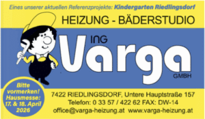 Werbung der Firma Varga für Heizung und Bäderstudio in Riedlingsdorf, ankündigend die Hausmesse am 17. und 18. April 2026.
