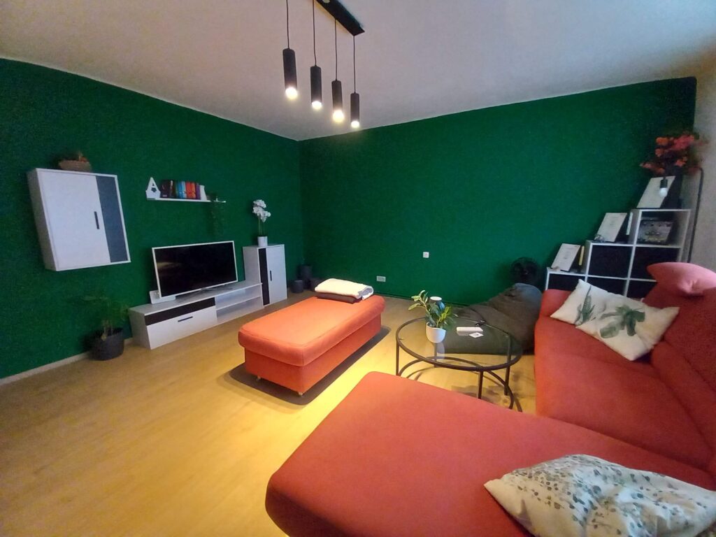 Gemütliches Wohnzimmer mit roten Möbeln, grün gestrichener Wand, moderner Beleuchtung und einem Fernseher auf der Anrichte.