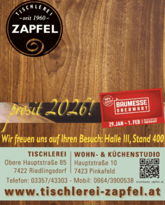 Anzeige der Tischlerei Zapfel auf Holz, die zur Baumesse Oberwart 2026 einlädt. Enthält Kontaktdaten und Webseitenlink.