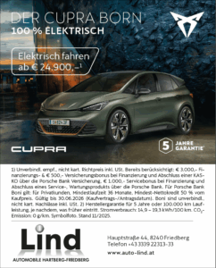 Der Cupra Born, ein elegantes Elektroauto, wird bei Nacht vor moderner Kulisse präsentiert, mit Preisangebot und Garantie.