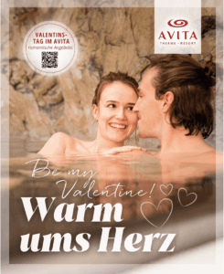 Pärchen genießt romantisches Bad in der Avita Therme. Valentinsangebot für entspannende Zweisamkeit im Prima Magazin.