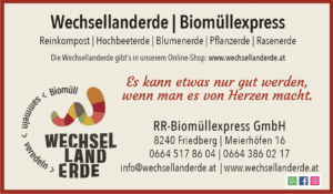 Wechsellanderde-Anzeige mit Kontaktinfos, Online-Shop-Link und Slogan zur Förderung nachhaltiger Erdenprodukte.