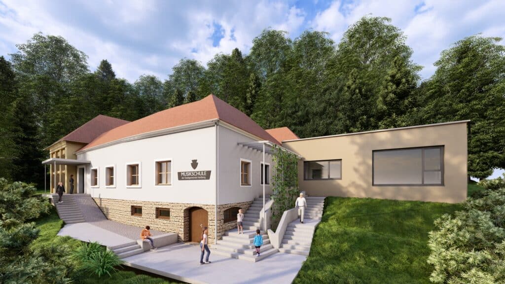 Musikschule inmitten von Bäumen mit modernen Anbauten, Besucher vor dem Gebäude, harmonisch in die grüne Landschaft integriert.